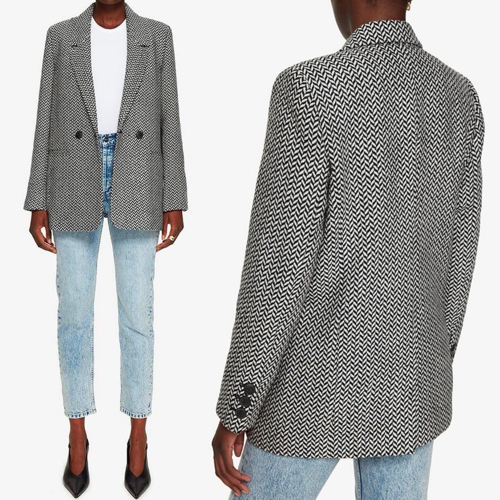 Anine Bing Fishbone Herringbone Blazer L Oversized Wool Blend Double Breasted - Picture 3 of 16